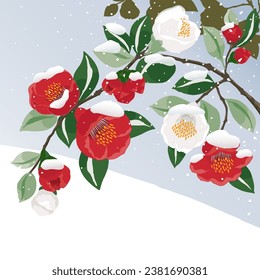 Vector Illustration of Snowfall on Fully Bloomed Camellia Branches 	