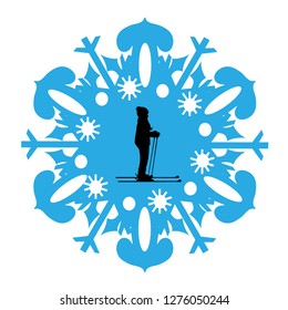 Vector illustration of snowflake with boy on ski.