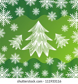 Vector illustration of snowflake christmas tree green pattern