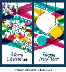 Vector illustration of snowflake, fir tree toys, baubles and colorful watercolor stripes background. Design for Christmas, New Year greeting card, invitation, label, banner, flyer, poster template.