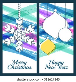 Vector illustration of snowflake, fir tree toys, baubles and blue watercolor stripes background. Design for Christmas, New Year greeting card, invitation, label, banner, flyer, poster template.