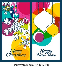 Vector illustration of snowflake, fir tree toys, baubles and colorful watercolor blots background. Design for Christmas, New Year greeting card, invitation, label, banner, flyer, poster template.