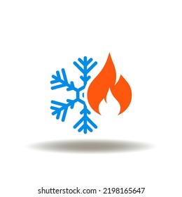 Vector illustration of snowflake and fire flame. Icon of air conditioning. Sign of conditioner or split system function. Symbol of heating cooling.