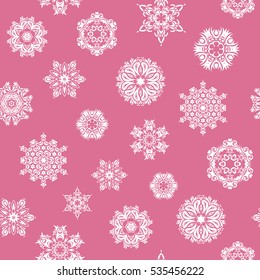 Vector illustration. Snowflake frame. Christmas frame with abstract snowflakes and dots on pink background.