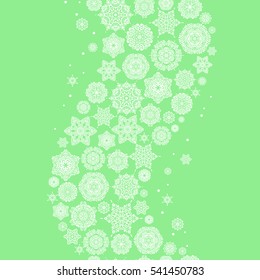 Vector illustration. Snowflake frame. Christmas frame with abstract snowflakes and dots on green background.