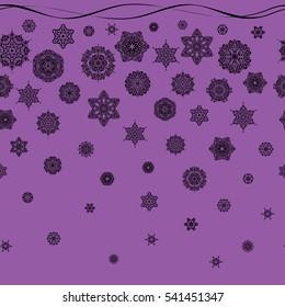 Vector illustration. Snowflake frame. Christmas frame with abstract snowflakes and dots on purple background.