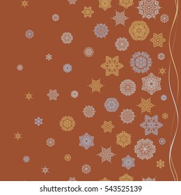 Vector illustration. Snowflake frame. Christmas frame with abstract snowflakes and dots on brown background.