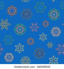 Vector illustration. Snowflake frame. Christmas frame with abstract snowflakes and dots on blue background.