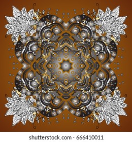 Vector illustration. Snowflake frame. Christmas frame with abstract golden snowflakes and dots on brown background.