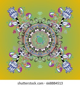 Vector illustration. Snowflake frame. Christmas frame with abstract snowflakes and dots on colors background.