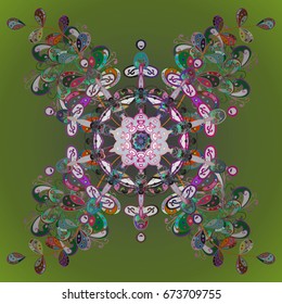 Vector illustration. Snowflake frame. Christmas frame with abstract snowflakes and dots on colorful background.