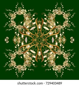 Vector illustration. Snowflake frame. Christmas frame with abstract golden snowflakes and dots on green background.