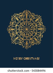 Vector illustration of snowflake with gold gradient. Christmas time. Gold gradient drawing design for happy New Year. Free hand drawning card, postcard or invitatation for holiday. Merry  Christmas.
