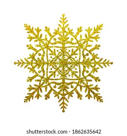 Vector illustration of a snowflake in gold sequins. Christmas element shiny snowflake object for design isolated on white background.