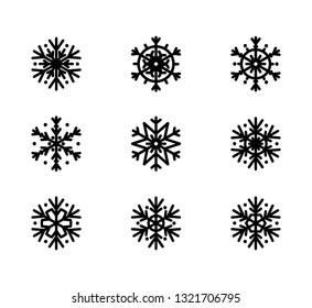 Vector illustration, snowflake icon set. Isolated black silhouette on white background. Applicable as a decorative element for Xmas designs, winter weather concepts etc.