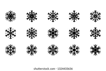Vector illustration, snowflake icon set. Isolated black silhouette on white background. Applicable as a decorative element for Xmas designs, winter weather concepts etc.