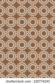 Vector illustration of snowflake inspired geometric repeat pattern in brown and white. 