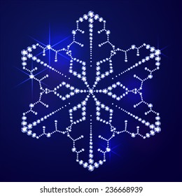 Vector illustration: snowflake made of blue crystals on blue background