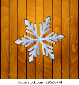 Vector illustration with snowflake on wood background.