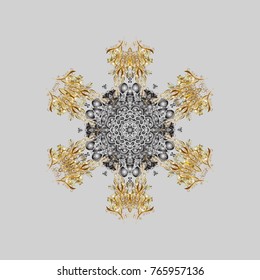 Vector illustration. Snowflake vector pattern. Isolated cute snowflakes on colorful background. Gray, beige and brown snowflakes on a gray, beige and brown colors.