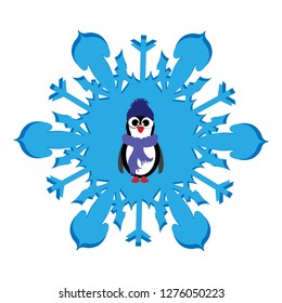 Vector illustration of snowflake with penguin.