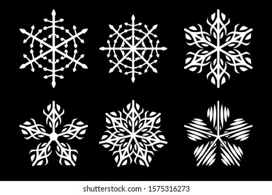 Vector illustration snowflake set. Isolated white snowflakes on black background. Applicable for Christmas and New Year holiday design projects.