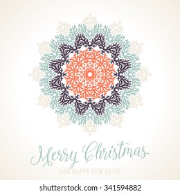 Vector illustration of a snowflake in silver blue red colors with Scandinavian, Nordic motifs. Winter background for Christmas or New Year card. Bright abstract round floral ornamental mandala