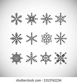 Vector illustration. Snowflake winter set of black isolated 12 icon silhouette on white background. Can be used as background, design element, for print, postcard or symbol of winter, cold.