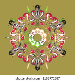 Vector illustration. ��crystal snowflake in yellow, gray and red colors on yellow, gray and red colors.