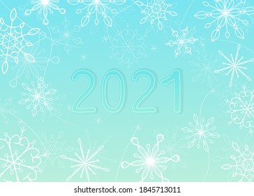 Ilustración vectorial con copos de nieve y 2021 dígitos en fondo azul. Para tarjeta de saludo, invitación de fiesta, publicación en medios sociales o correo postal, afiche, portada, web y banner publicitario, volante.