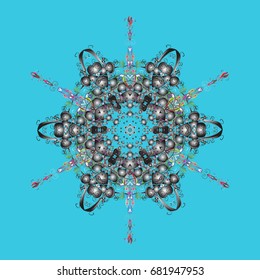 Vector illustration. Vector snowflakes background. Snowflake colorful pattern. Snowflakes pattern. Flat design with abstract snowflakes isolated on colors background.