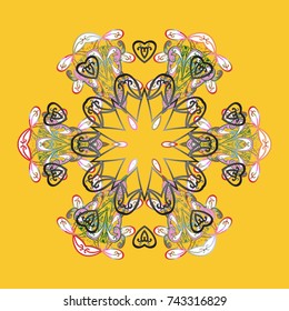 Vector illustration. Snowflakes background. Snowflake ornamental pattern. Snowflakes pattern. Flat design of snowflakes isolated on colorful background.
