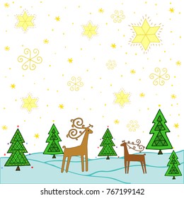 Vector Illustration with snowflakes, christmas trees, deers and snowdrifts. Colored. Set for Christmas, New Year, winter holidays. Hand drawn by pen and then carefully digitized.