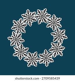Ilustração vetorial do quadro circular dos flocos de neve. Design de férias de inverno, decoração de Natal, coroa de flocos de neve perfeita para cartões de saudação e impressões