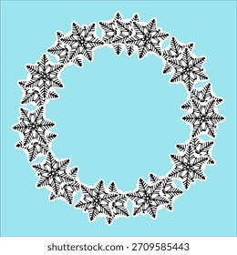 Vector illustration of snowflakes circle frame. Winter holiday design, Christmas decoration, snowflake wreath perfect for greeting cards and prints
