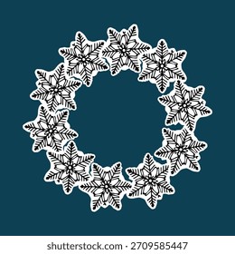 Ilustración vectorial del marco circular de los copos de nieve. Diseño de vacaciones de invierno, decoración de Navidad, corona de copo de nieve perfecto para tarjetas de felicitación e impresiones