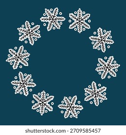 Ilustração vetorial do quadro circular dos flocos de neve. Design de férias de inverno, decoração de Natal, coroa de flocos de neve perfeita para cartões de saudação e impressões