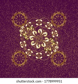 Ilustración vectorial. Copos de nieve con diferentes adornos. Sencillo patrón de Navidad sin fisuras con motivos geométricos. Elementos con colores marrón, violeta y beige. Colección textil retro.