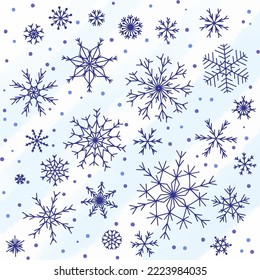 Vector illustration of snowflakes, different shapes and sizes on a watercolor background