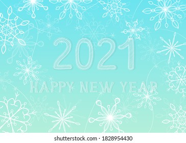 Ilustración vectorial con copos de nieve y dígitos 2021 en fondo azul. Para tarjeta de saludo, invitación de fiesta, publicación en medios sociales o correo postal, afiche, portada, web y banner publicitario, volante.