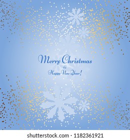 Vector illustration of Snowflakes and gold sparkles on a blue background. Merry Christmas and Happy New Year!