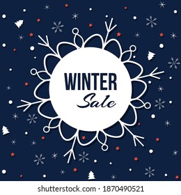 Vector illustration with snowflakes and inscription Winter Sale on dark background. For greeting card and party invitation, post in social media or mailing, web and advertising banner, cover, poster.