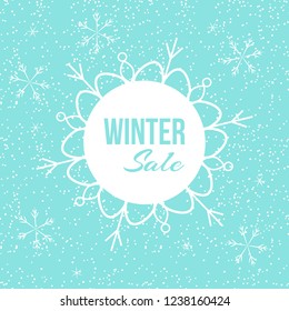 Vector illustration with snowflakes and lettering "winter sale" on blue background. For Christmas and New Year greeting cards, poster, scrapbooking and album, cover, web and advertising banner, flyer.