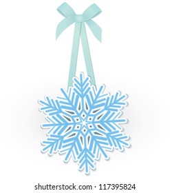 Vector illustration of snowflakes on blue ribbon with bow isolated on white