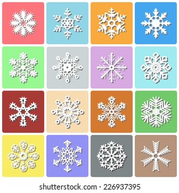 Vector illustration of snowflakes on colored squares