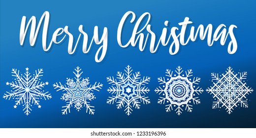 Vector Illustration of Snowflakes and star on a blue background with text "Merry Christmas" in the style of handwriting font