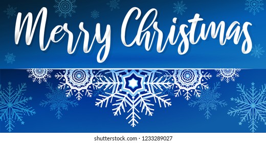Vector Illustration of Snowflakes and star on a blue background with text "Merry Christmas" in the style of handwriting font