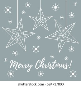 Vector illustration with snowflakes and three stars origami folded and hanging on the ropes. Design for banner, flyer, poster or print.