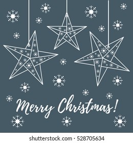 Vector illustration with snowflakes and three stars origami folded and hanging on the ropes. Design for banner, flyer, poster or print.