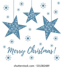 Vector illustration with snowflakes and three stars origami folded and hanging on the ropes. Design for banner, flyer, poster or print.